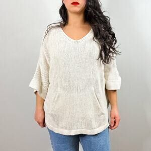Free People Cream Oversized V-Neck Open Knit Front Pocket Sweater